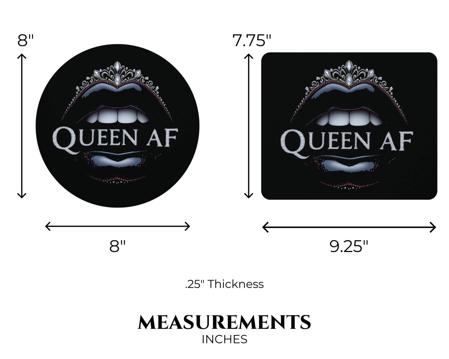 Two 'Queen AF' coasters with measurements indicated