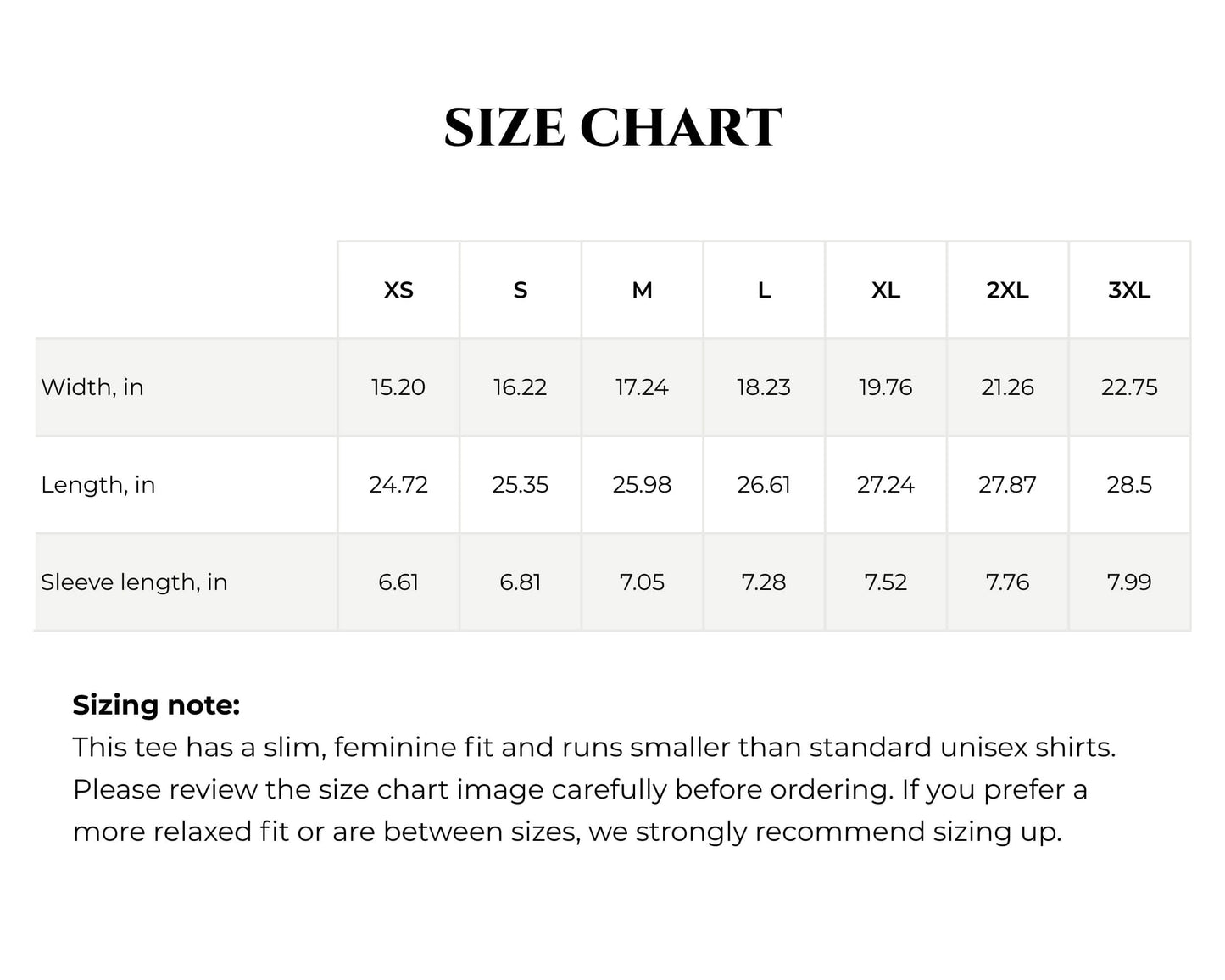 Size chart for shirts with measurements in inches