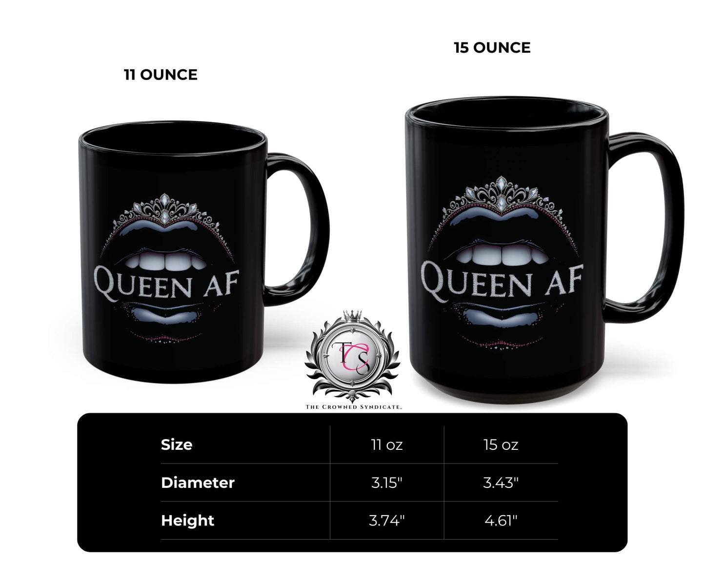 Two black mugs with 'Queen AF' design and size comparison chart on a white background