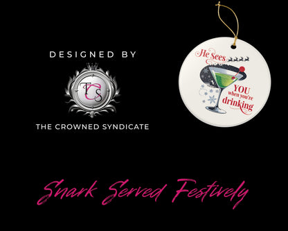 Decorative ornament with cocktail graphic and text, branded by The Crowned Syndicate on a black background.