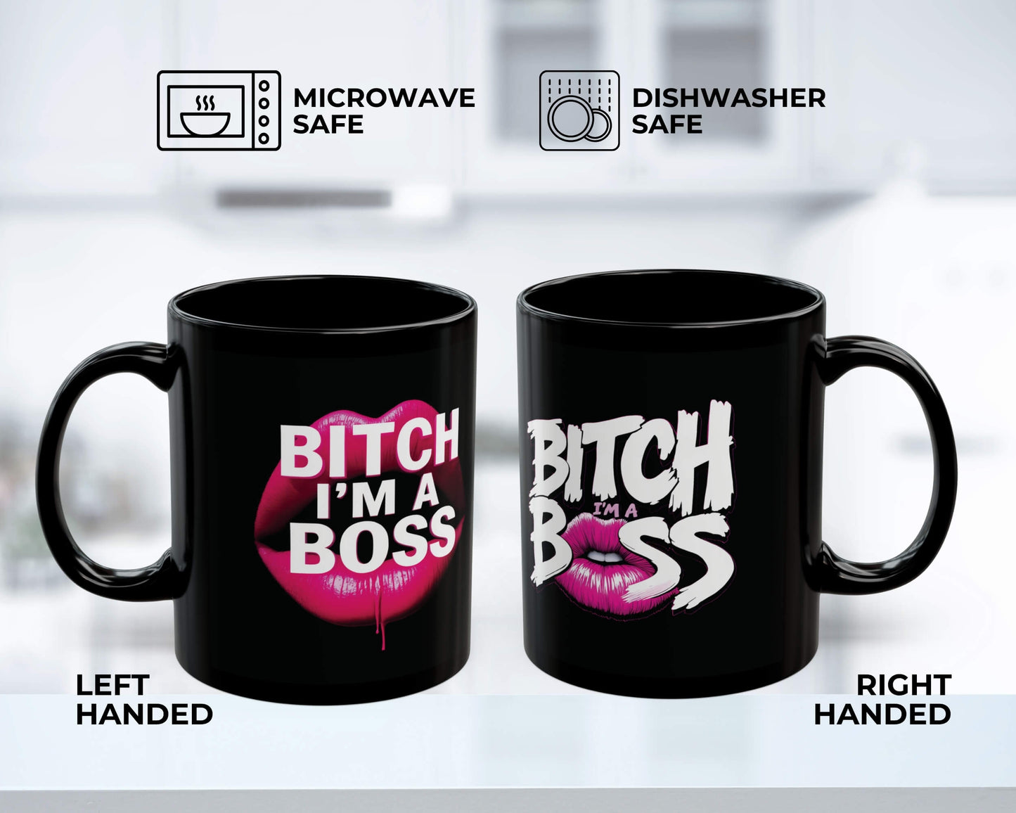 Two black mugs with 'Bitch I'm a Boss' text design on a white background.