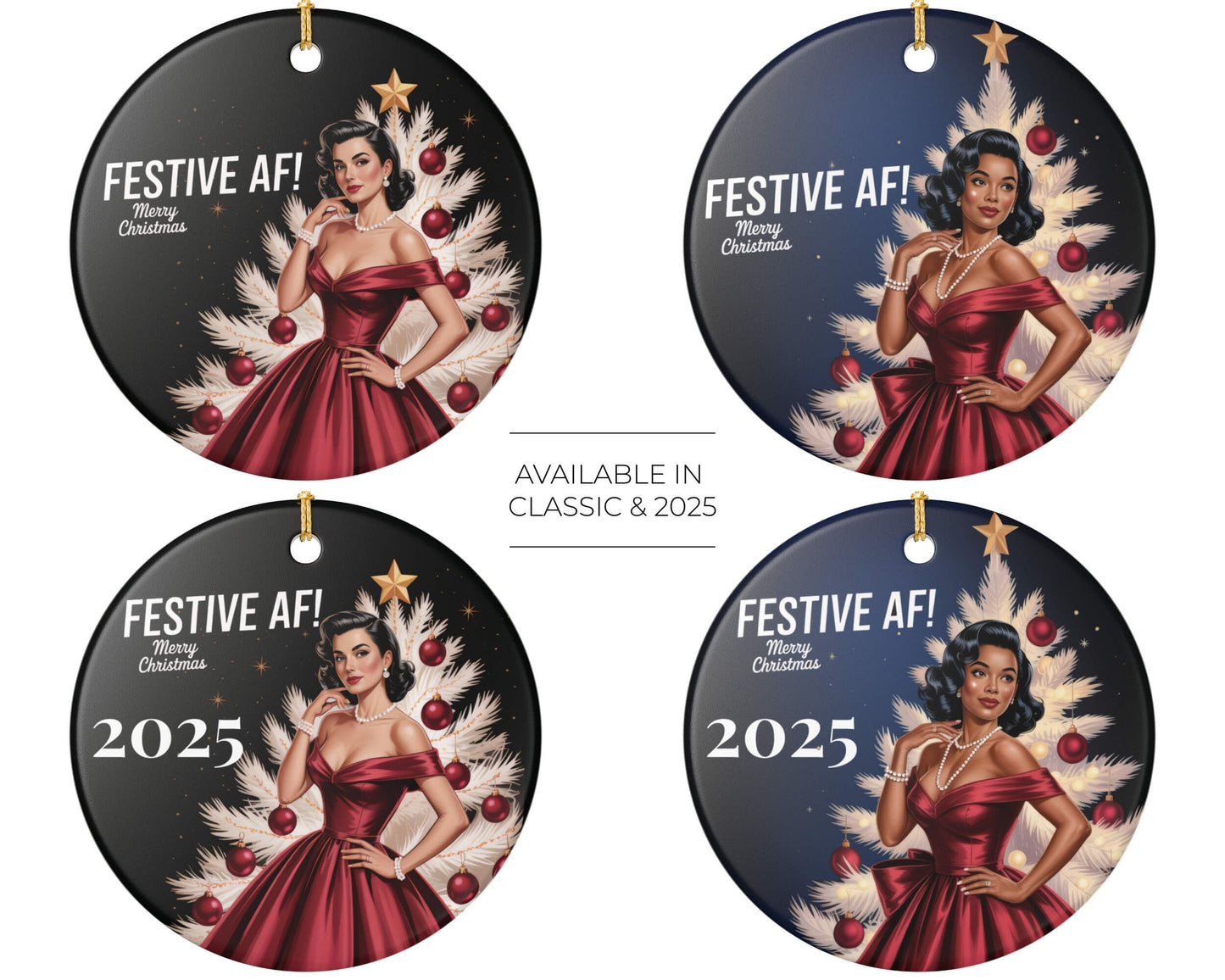 Four Christmas ornaments featuring a woman in a red dress with festive text and designs.