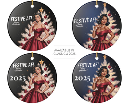 Four Christmas ornaments featuring a woman in a red dress with festive text and designs.