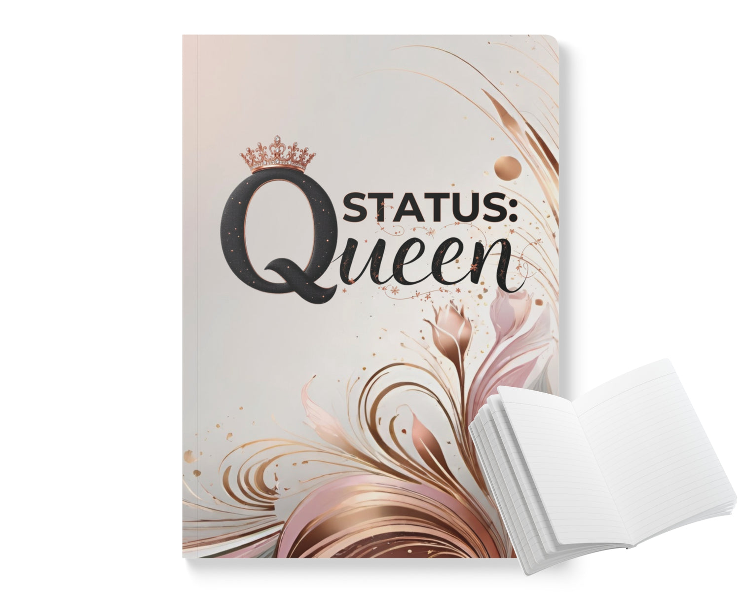 Notebook with 'Status: Queen' text on a white background
