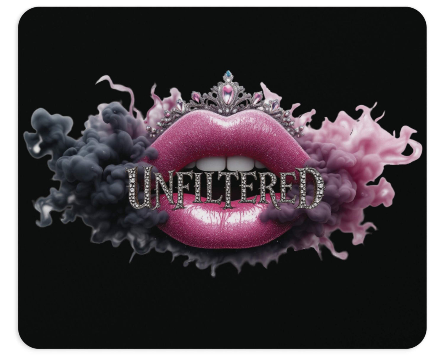 Lips with a tiara and 'UNFILTERED' text on a black background