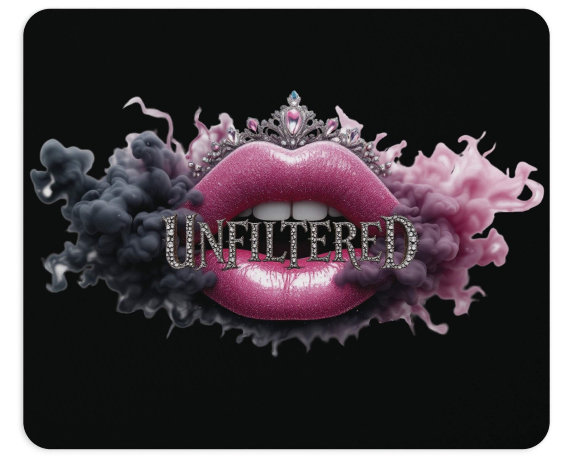 Lips with a tiara and 'UNFILTERED' text on a black background