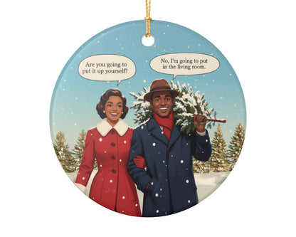 Retro couple carrying Christmas tree funny ornament text