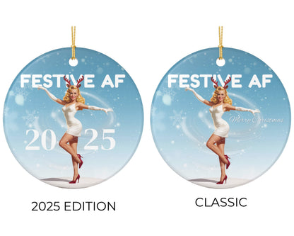Two festive Christmas ornaments with a woman in a white dress and reindeer antlers, labeled 'Festive AF 2025'.