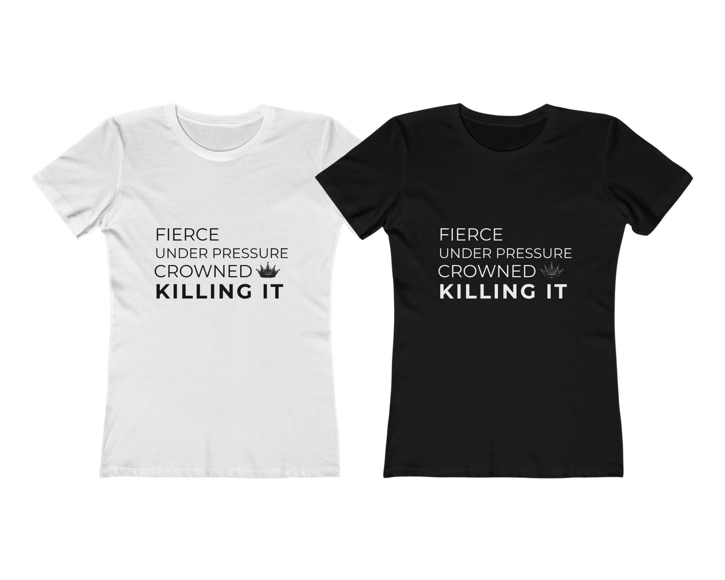 White and black t-shirts with text design on a white background