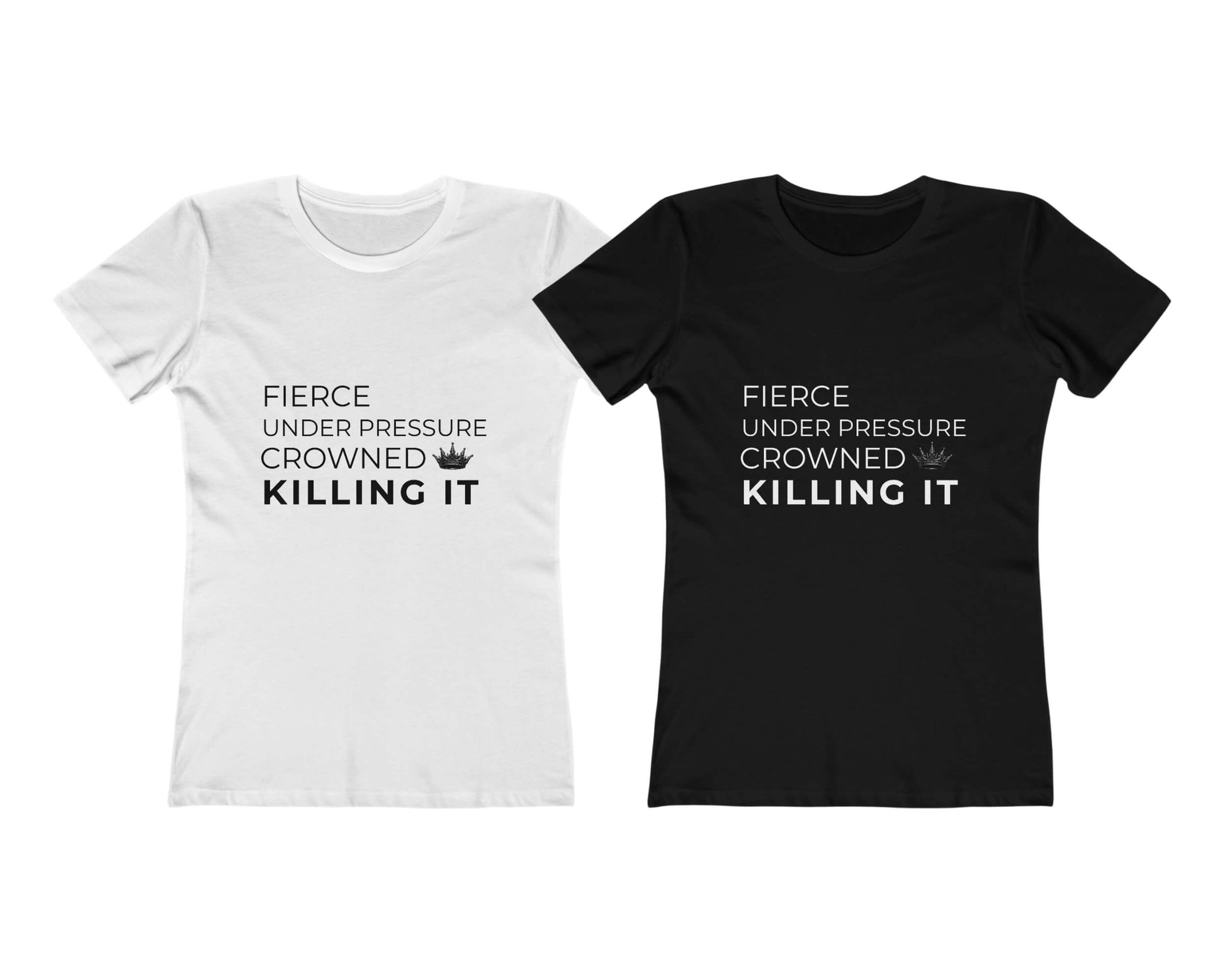 White and black t-shirts with text design on a white background