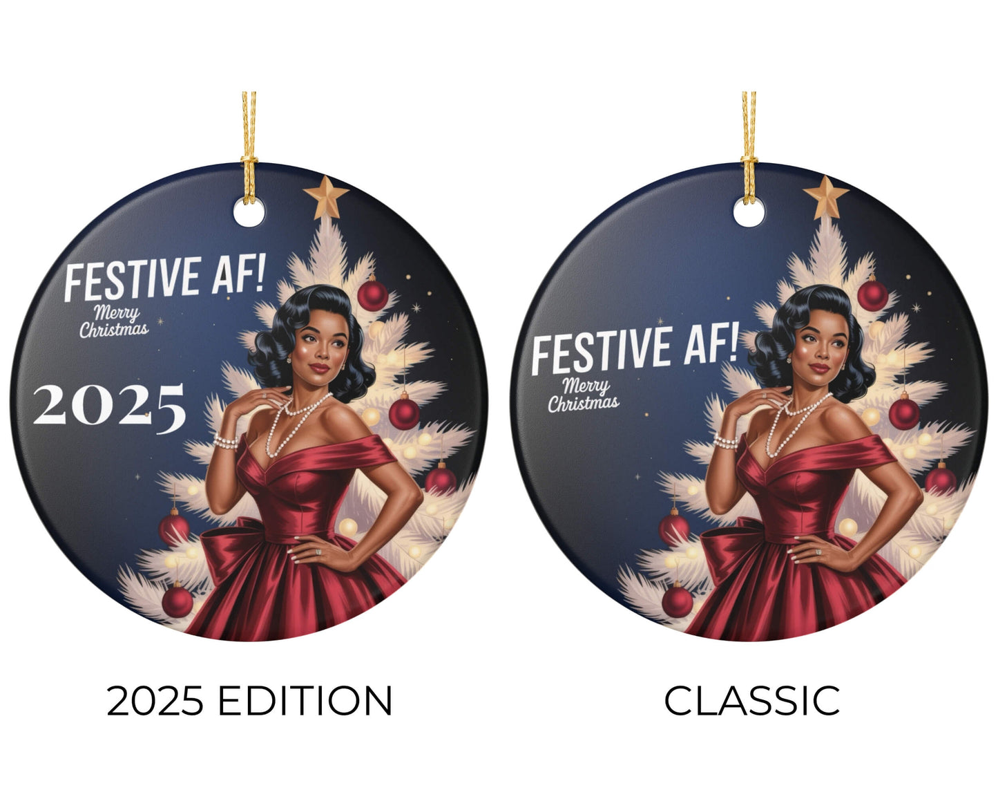 Two Christmas ornaments featuring a woman in a red dress with festive text and designs.