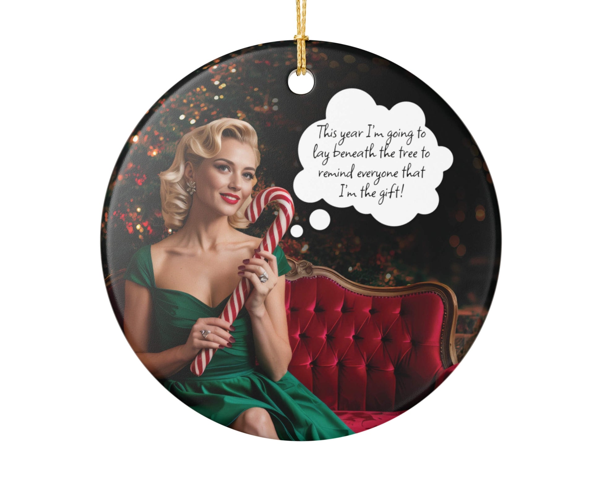 Round Christmas ornament with a vintage-style woman holding a candy cane and text on a black background.
