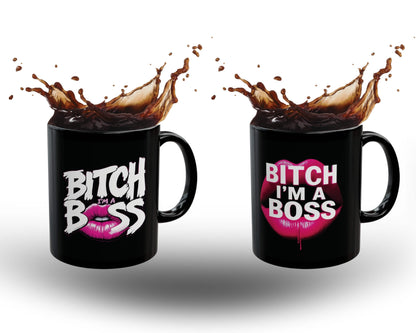Sassy black coffee mug bitch im a boss text red lips