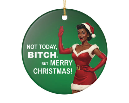 Sassy holiday ornament dark hair pin up girl santa dress