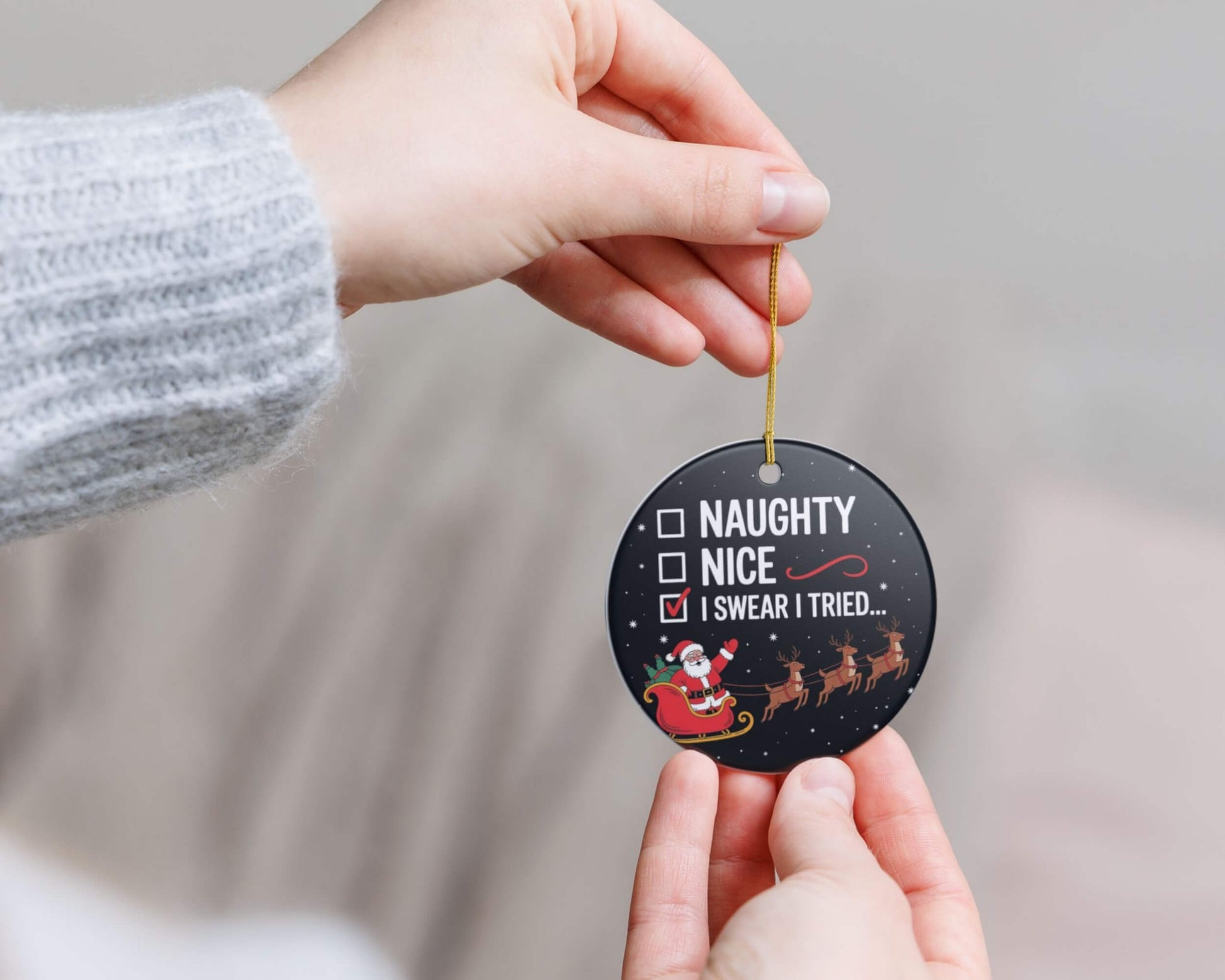 Hand holding a Christmas ornament with text and checkboxes.