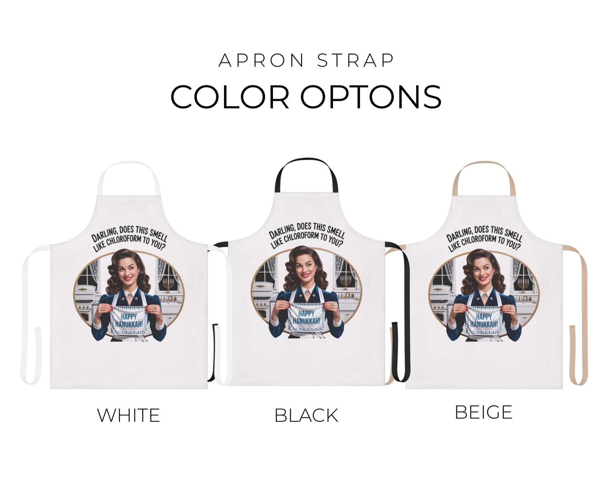 Three aprons with different strap colors on a white background
