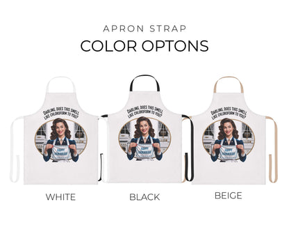 Three aprons with different strap colors on a white background