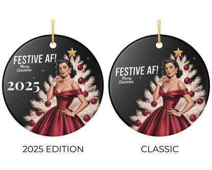 Two Christmas ornaments featuring a woman in a red dress with festive text and graphics.