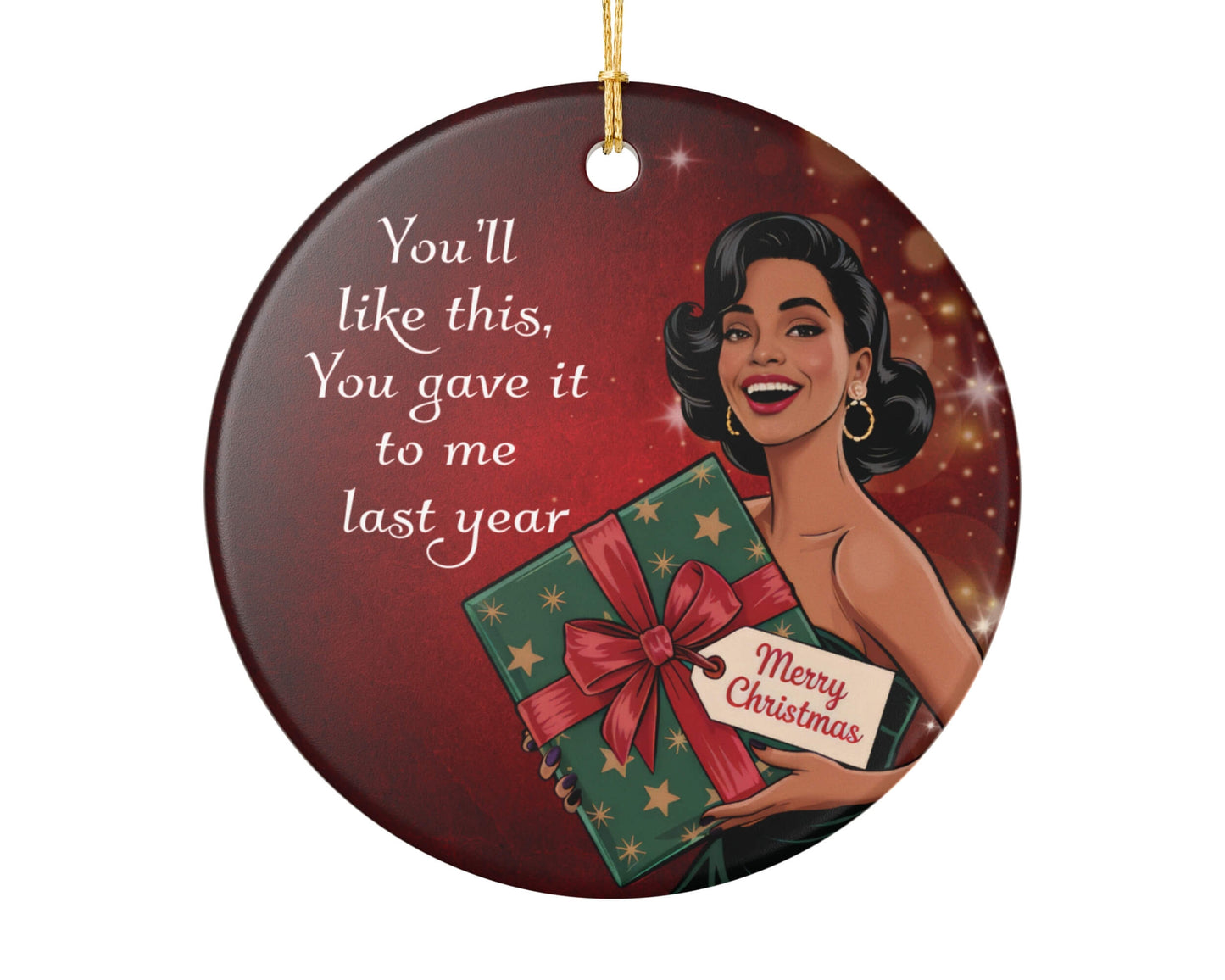Circular Christmas ornament with a woman holding a gift and text on a red background
