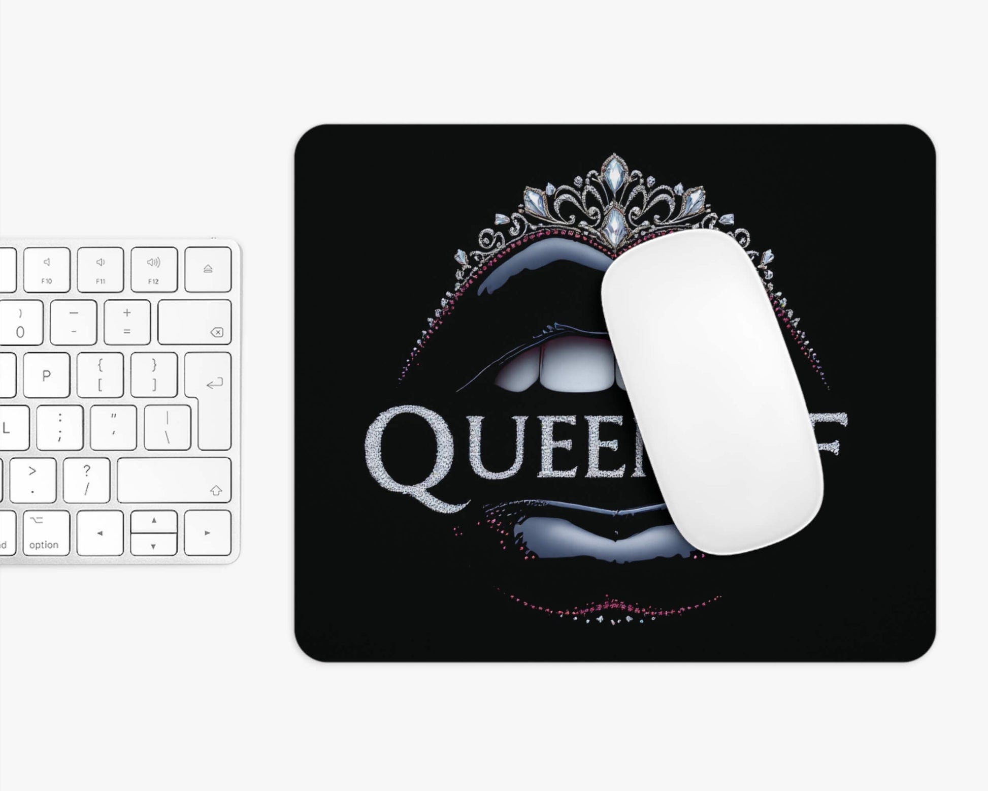 Mouse pad with lips and tiara design labeled 'Queen' on a white surface with keyboard and mouse.