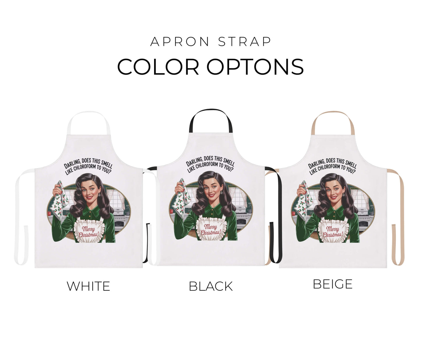 Three aprons with different strap colors on a white background