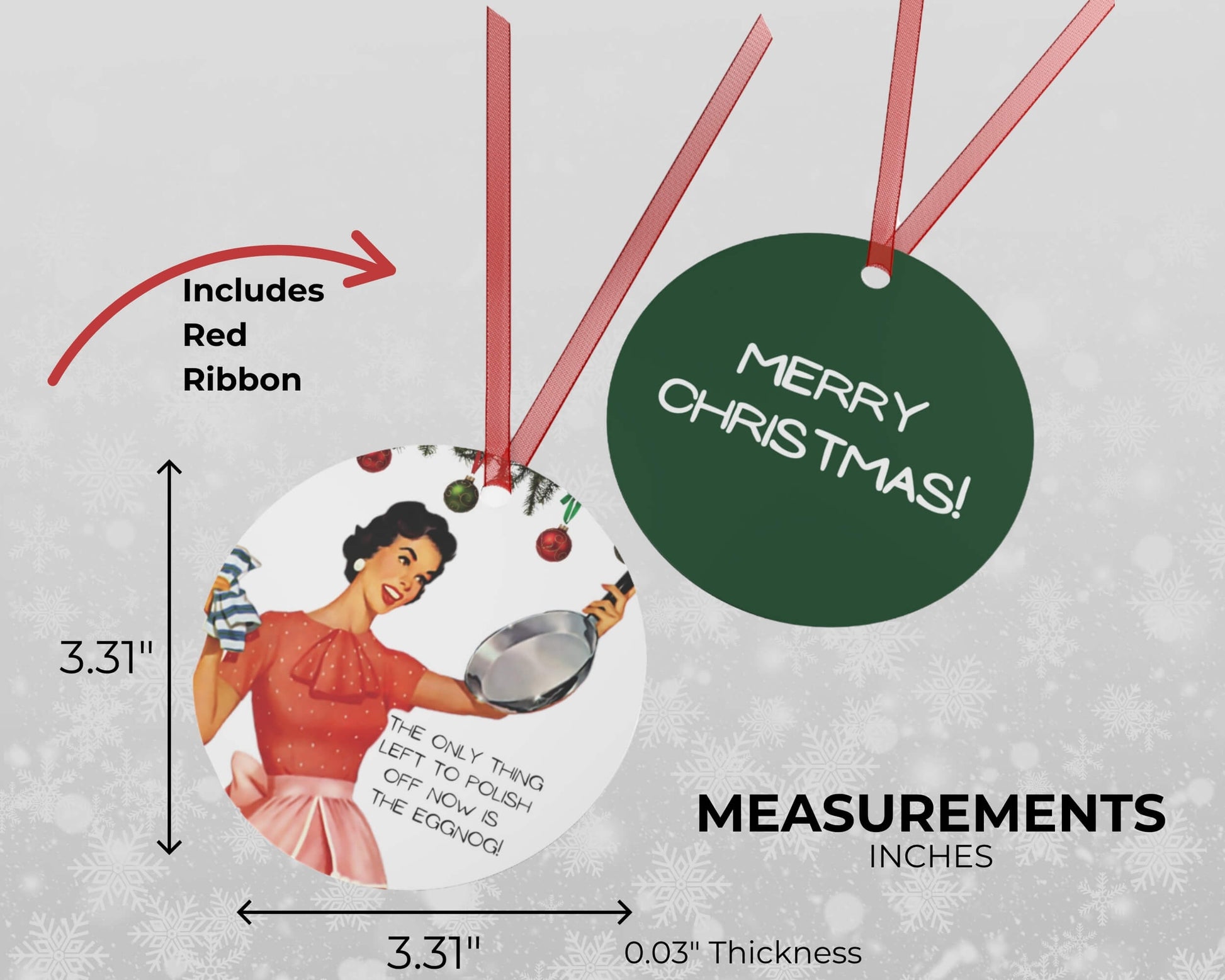 Christmas ornament with measurements and text on a gray background