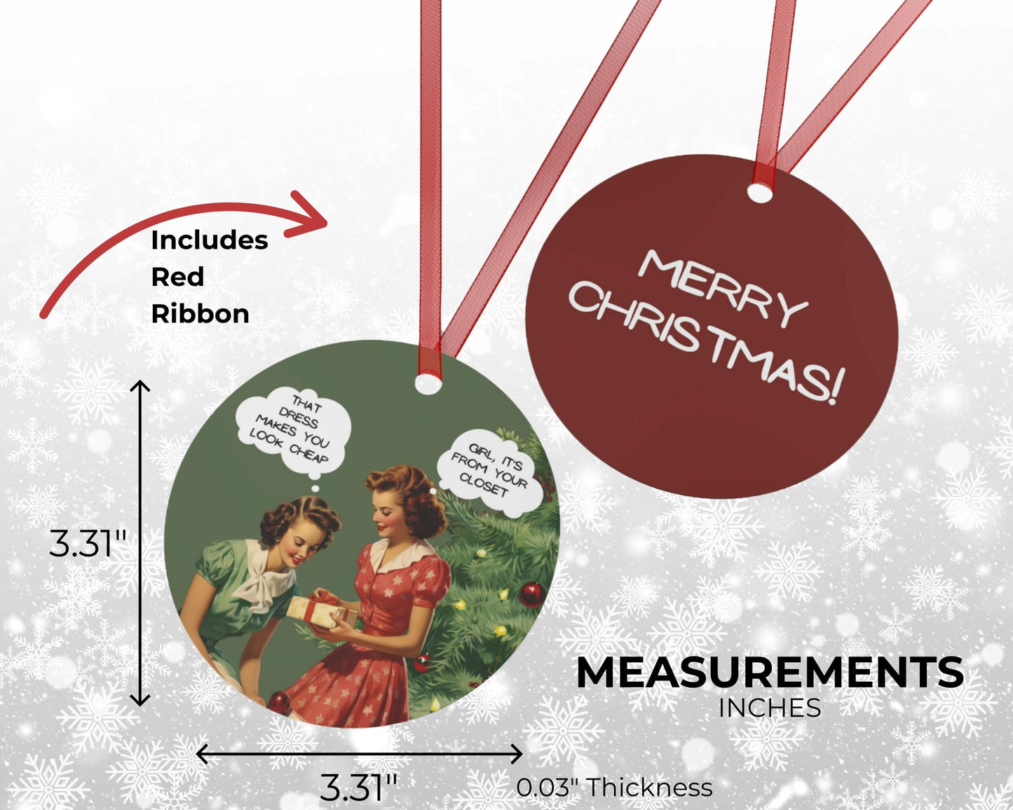 Christmas ornament with 'Merry Christmas!' text and measurements on a snowy background