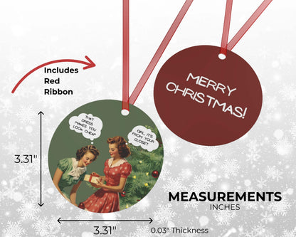 Christmas ornament with 'Merry Christmas!' text and measurements on a snowy background