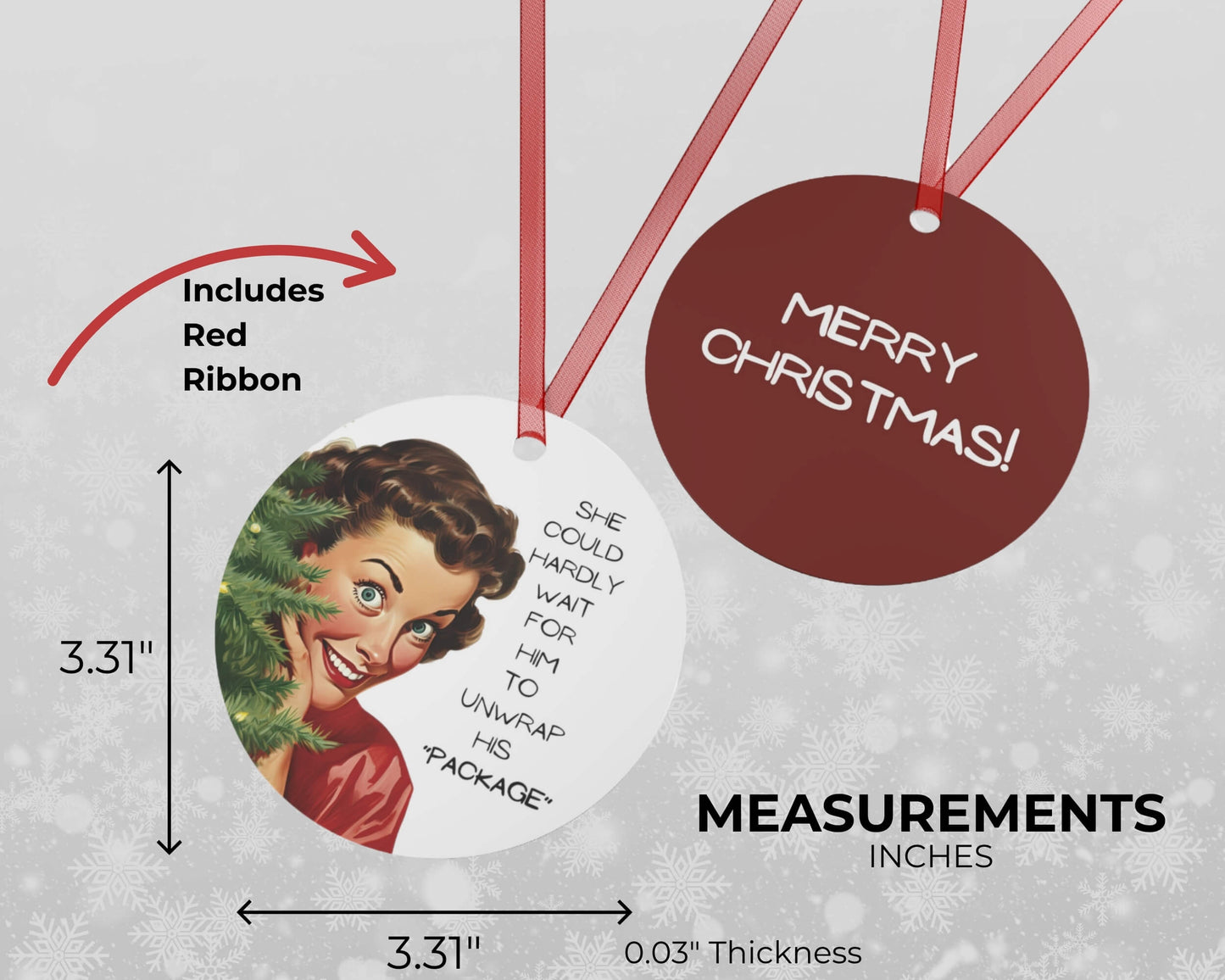 High gloss aluminum holiday ornament with red ribbon