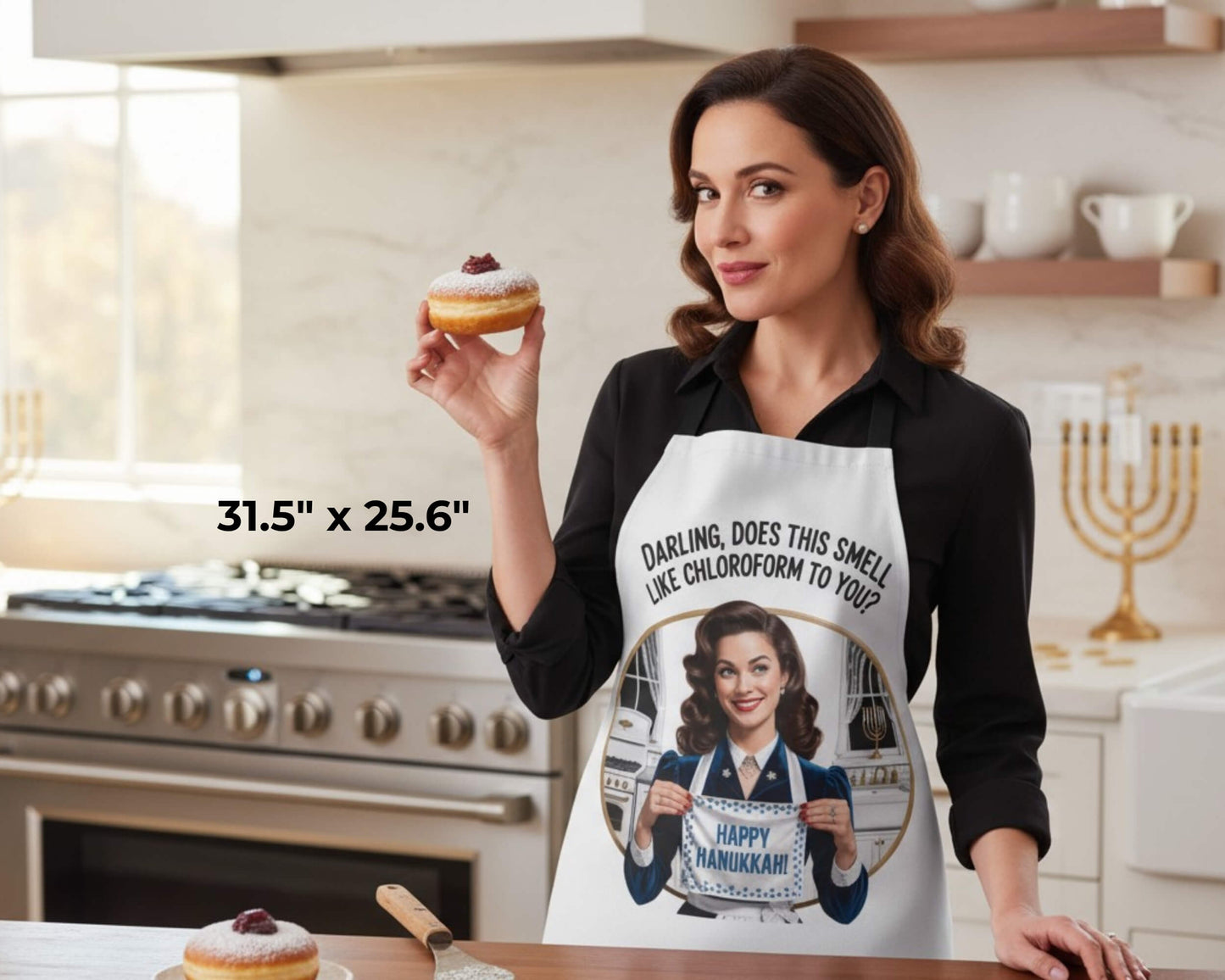 Woman in a kitchen wearing a Hanukkah-themed apron, holding a donut.