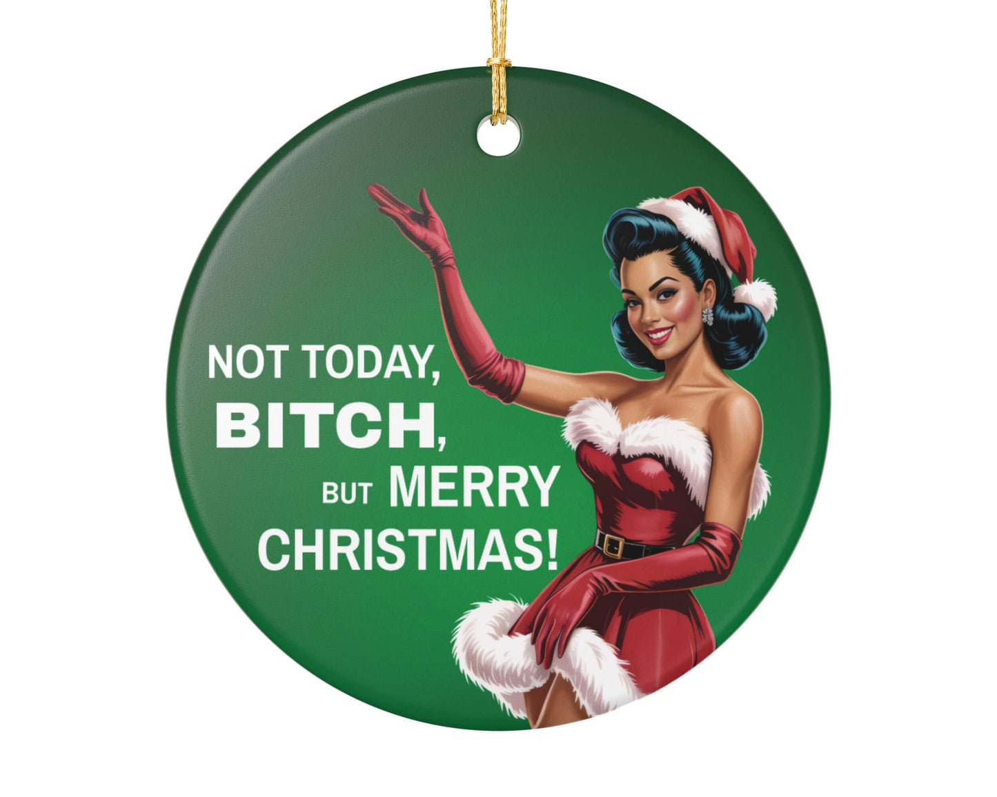 Sassy holiday ornament black hair pin up girl santa dress