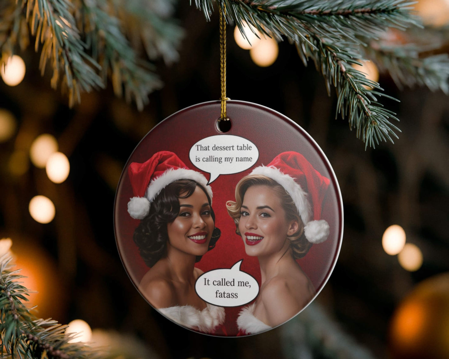 Funny ceramic ornament on christmas tree diet humor