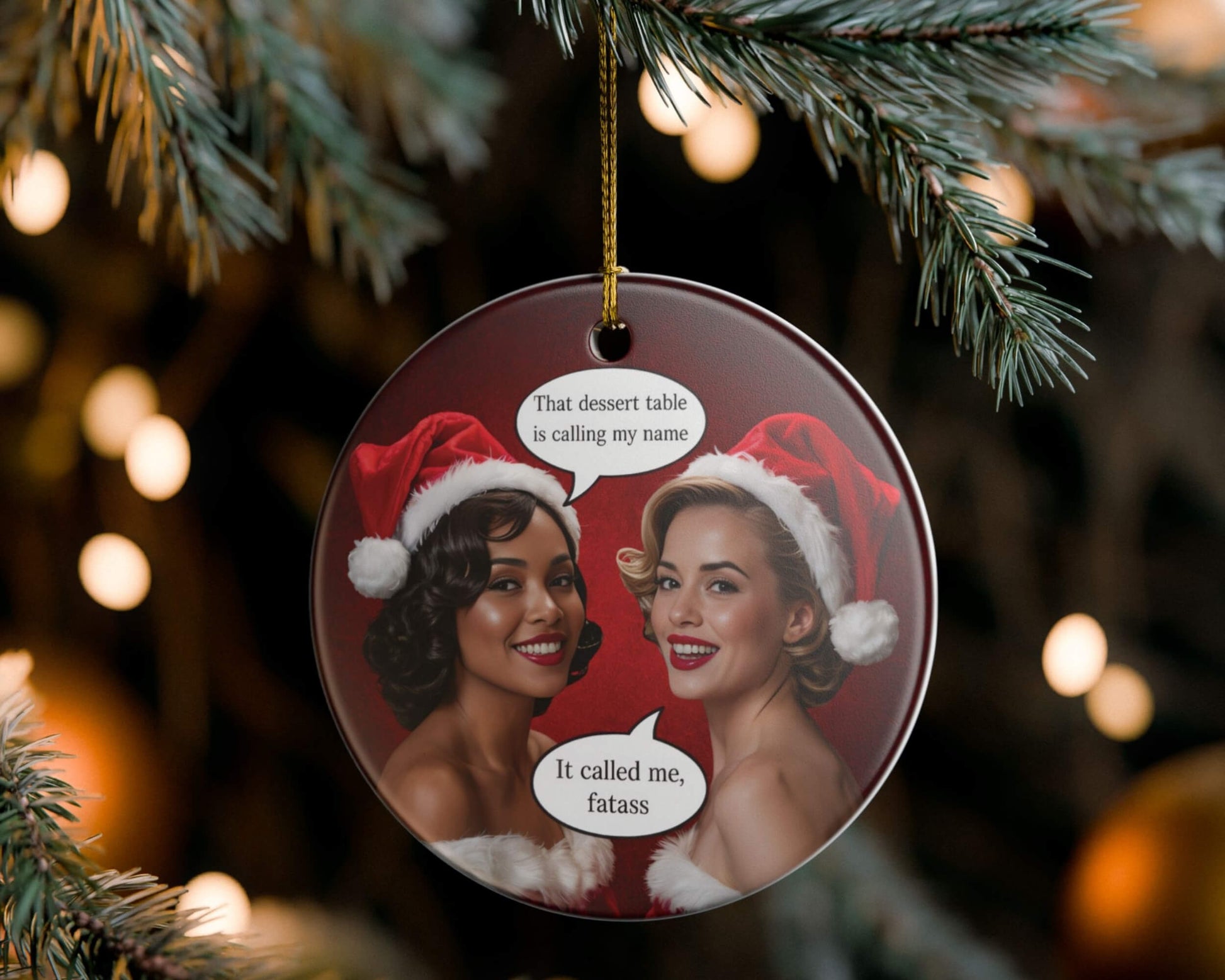 Funny ceramic ornament on christmas tree diet humor