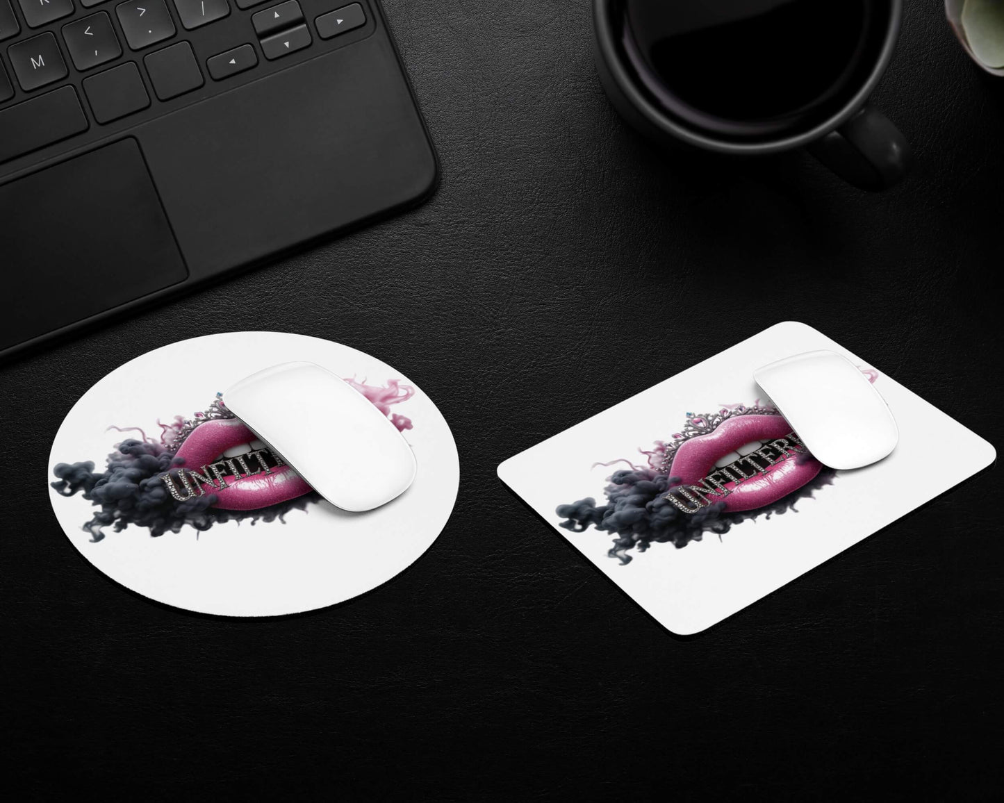 Mouse pad with artistic design of lips and guitar on a desk with a keyboard and mug.