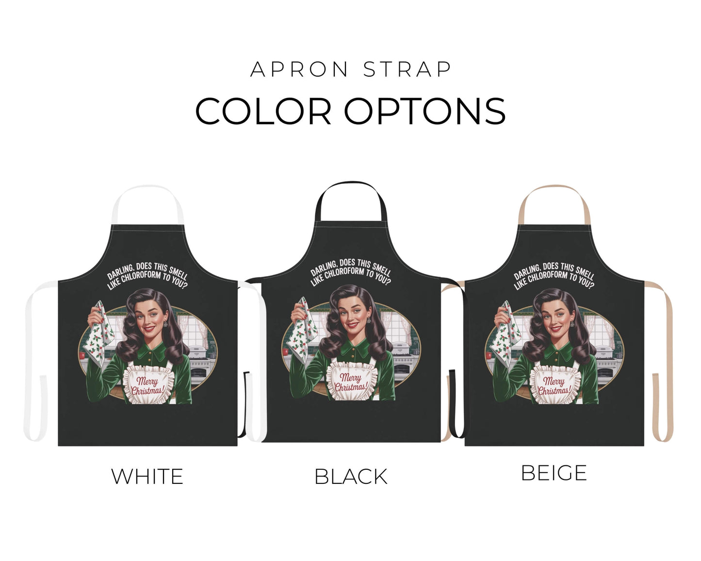 Three aprons with different strap colors on a white background