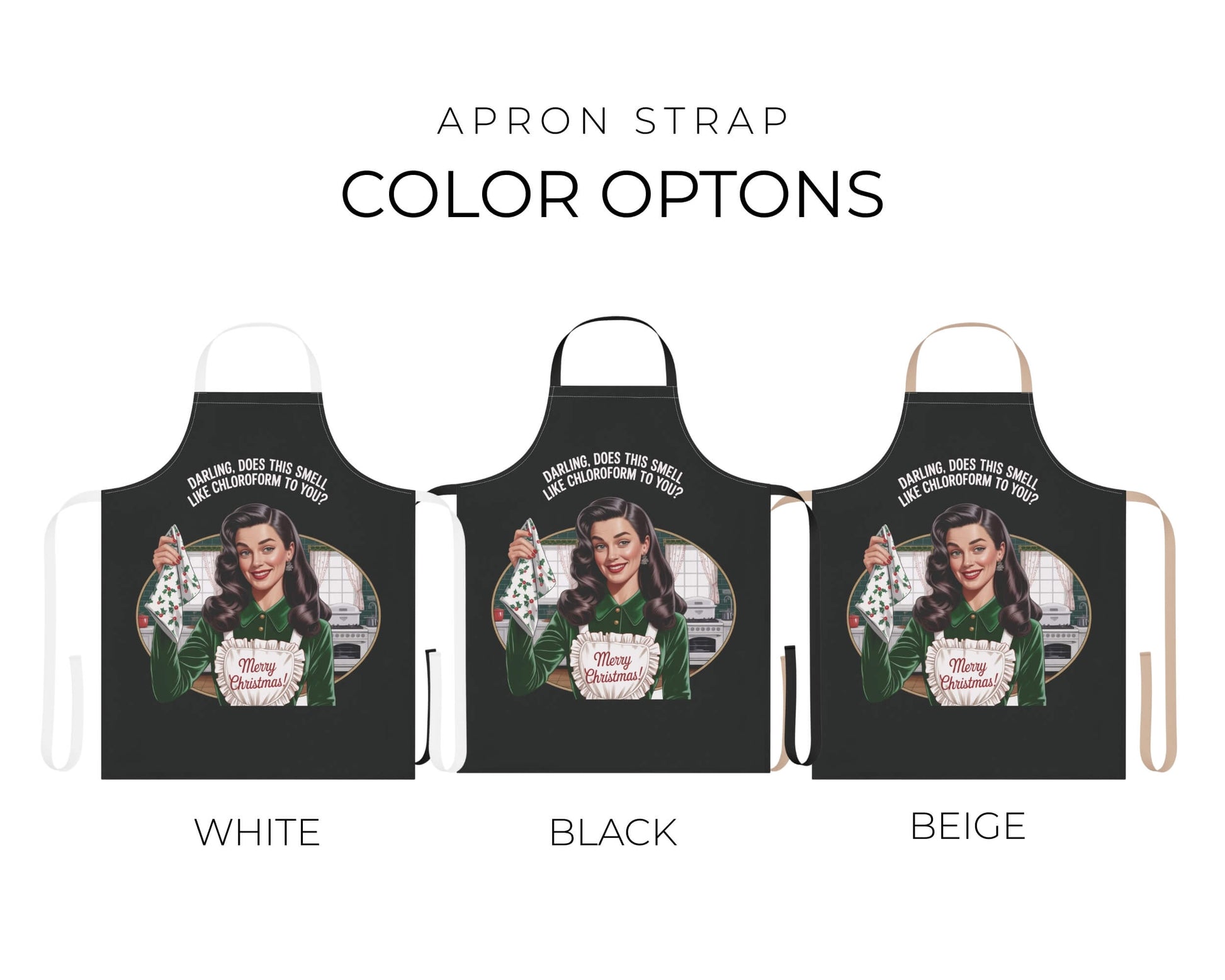Three aprons with different strap colors on a white background