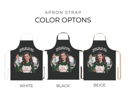 Three aprons with different strap colors on a white background