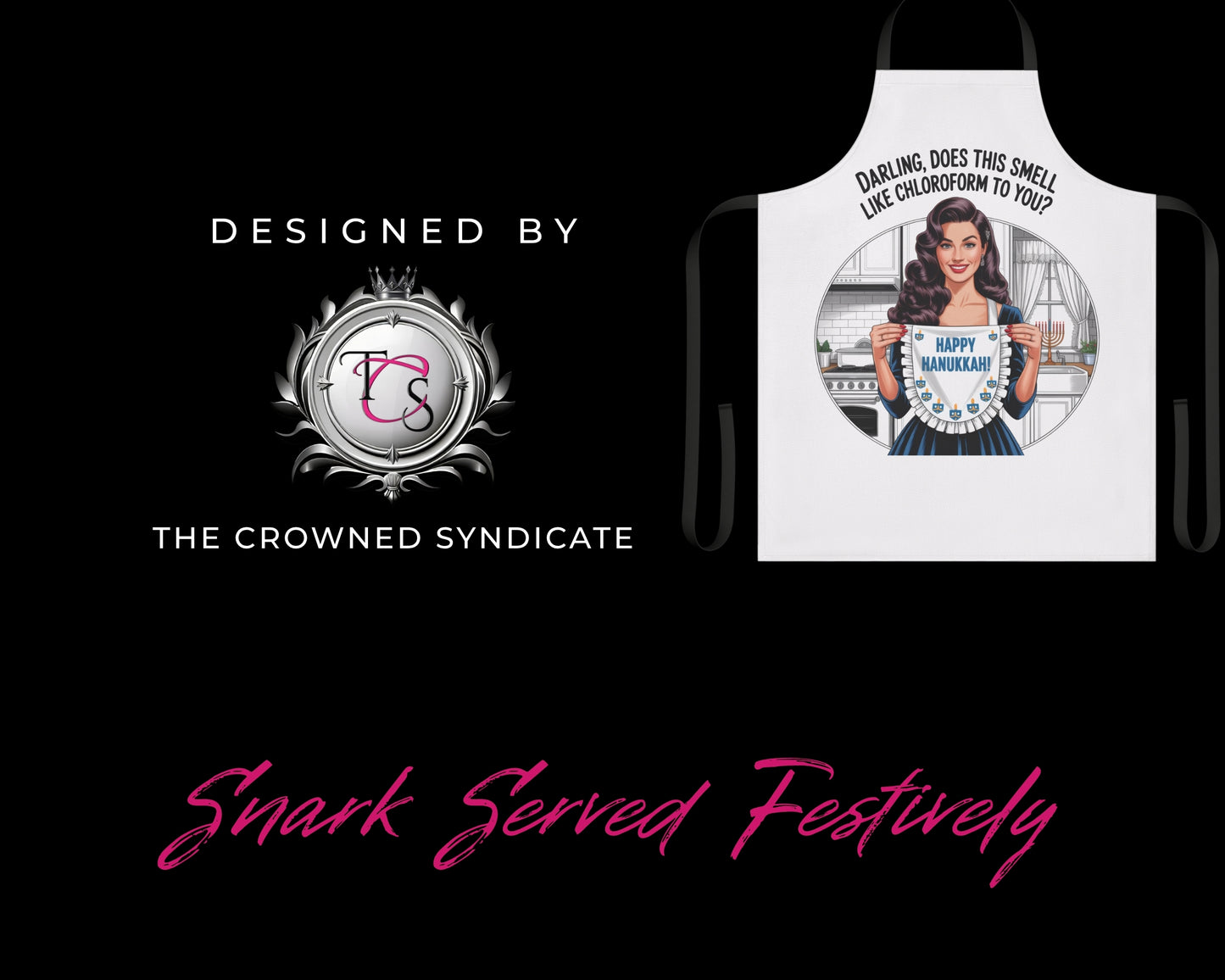 Happy Hanukkah Retro Pin-Up Apron | Vintage Hanukkah Kitchen Décor | Cheeky Holiday Hostess Gift (Black or White Apron)