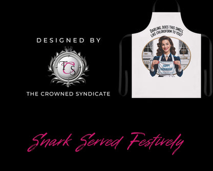 Apron with a printed design and 'The Crowned Syndicate' branding on a black background.