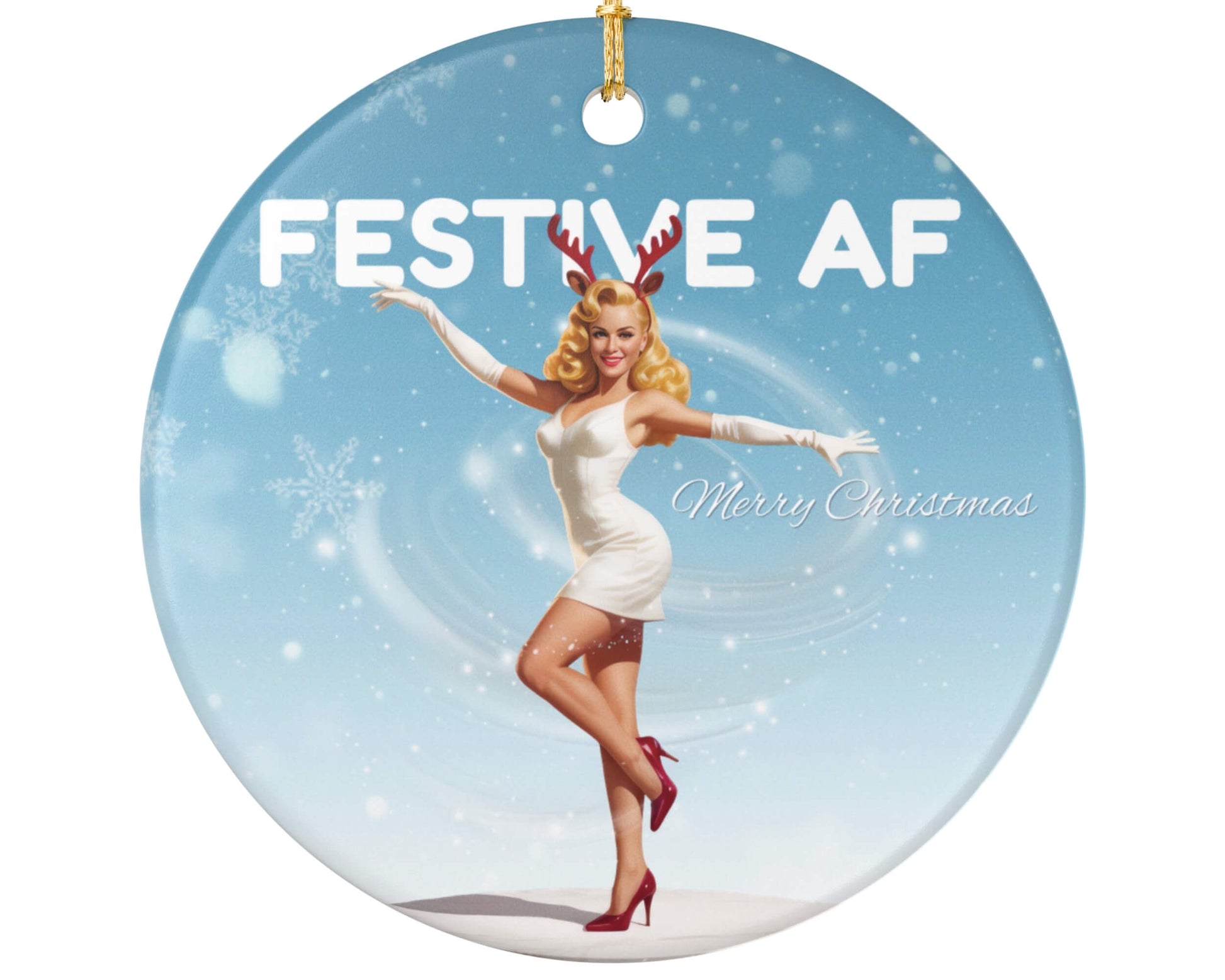 Christmas ornament with a woman in a white dress and red shoes, wearing reindeer antlers, against a snowy background with 'Festive AF' text.