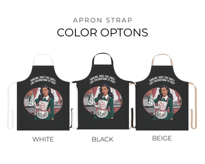 Funny vintage apron art funny text Darling does this smell like chloroform to you. Black apron, multiple strap color options.