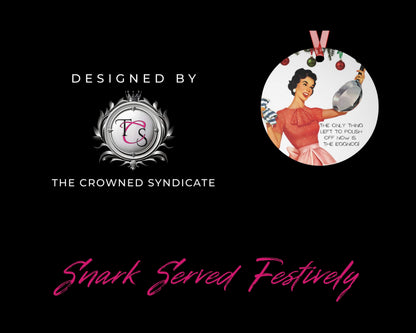 Vintage-style graphic with a woman holding a plate, 'The Crowned Syndicate' logo, and text 'Shark Served Festively' on a black background.