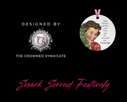 Decorative ornament with a vintage-style illustration and 'The Crowned Syndicate' branding on a black background.