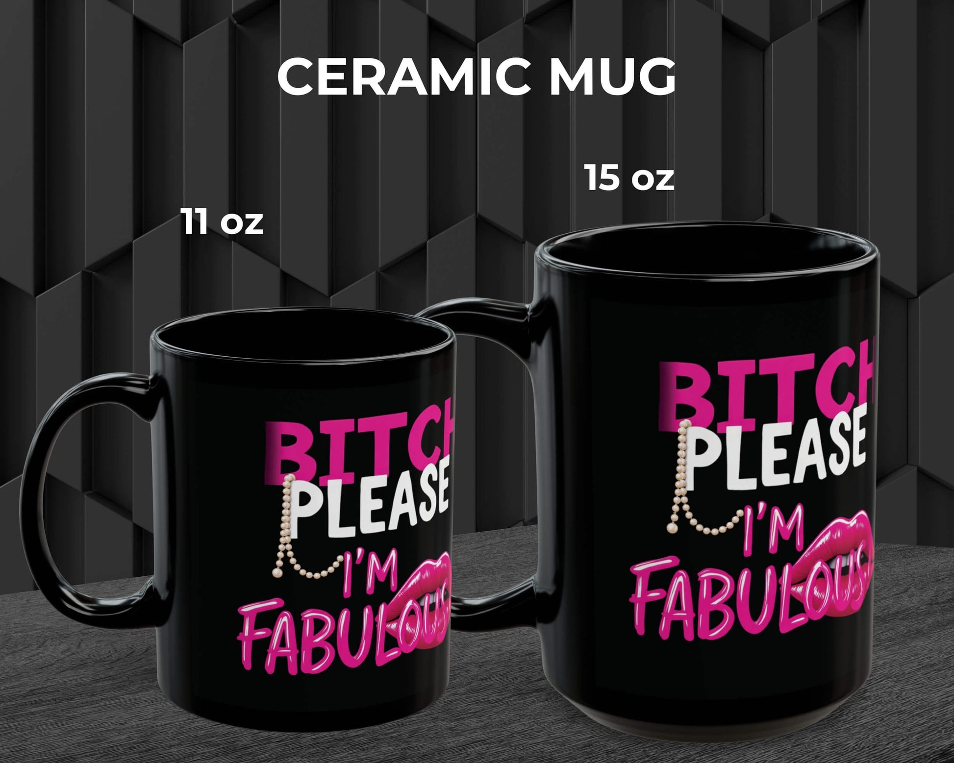 Two black ceramic mugs with pink and white text on a dark background