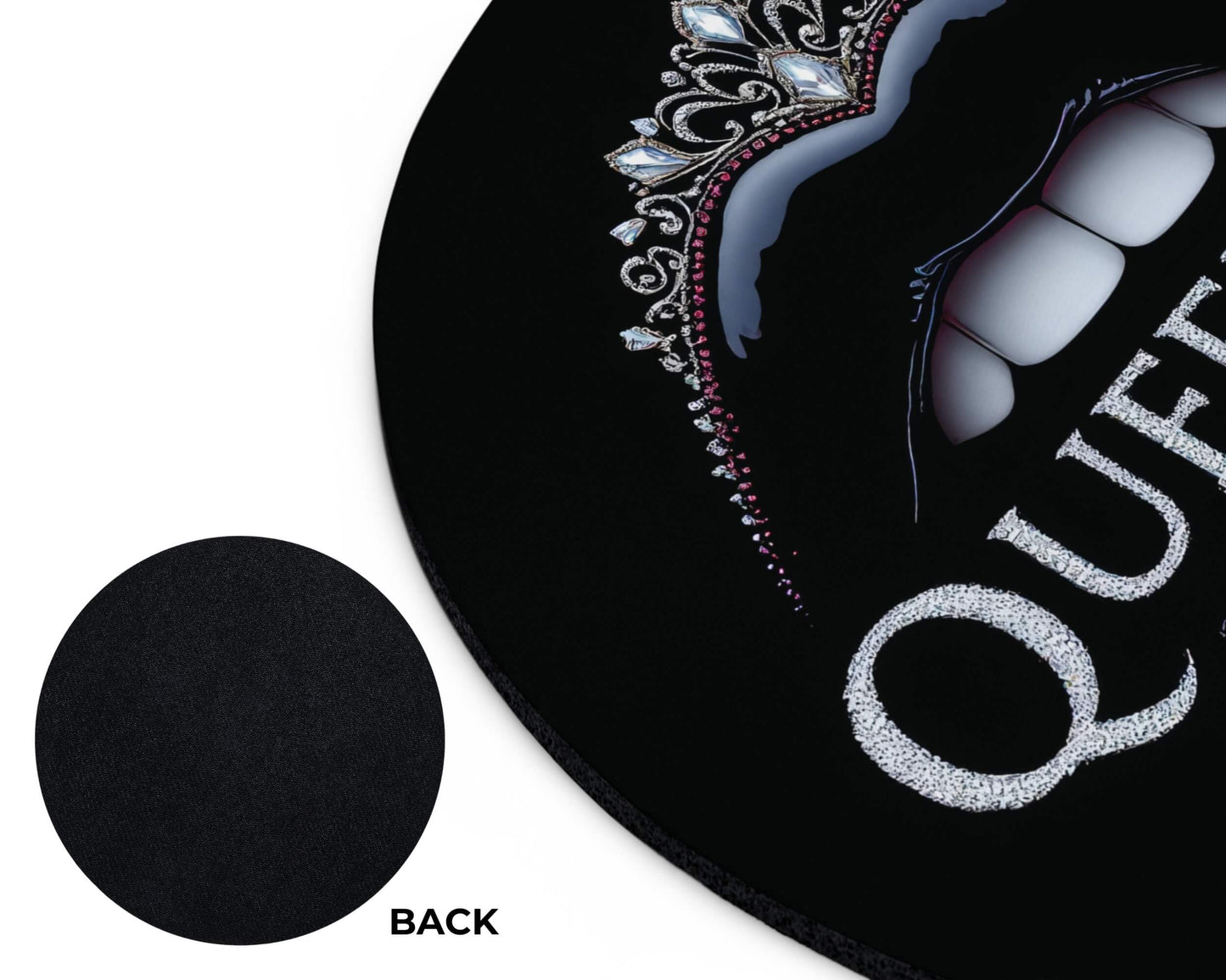Round black mat with decorative design and 'QUEEN' text on a white background