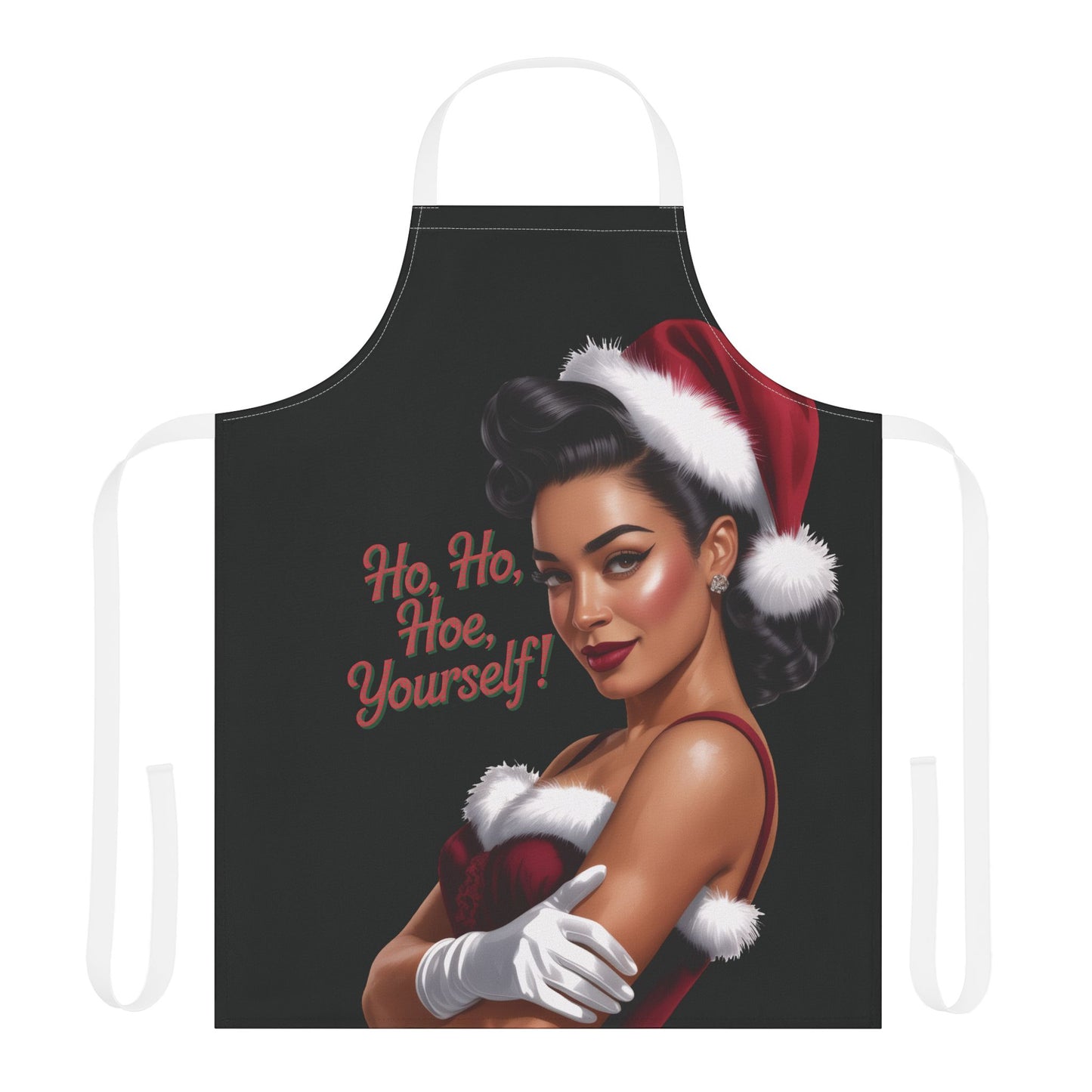 Apron with a festive design featuring a woman in a Santa hat and text 'Ho, Ho, Hoe Yourself!' on a black apron.