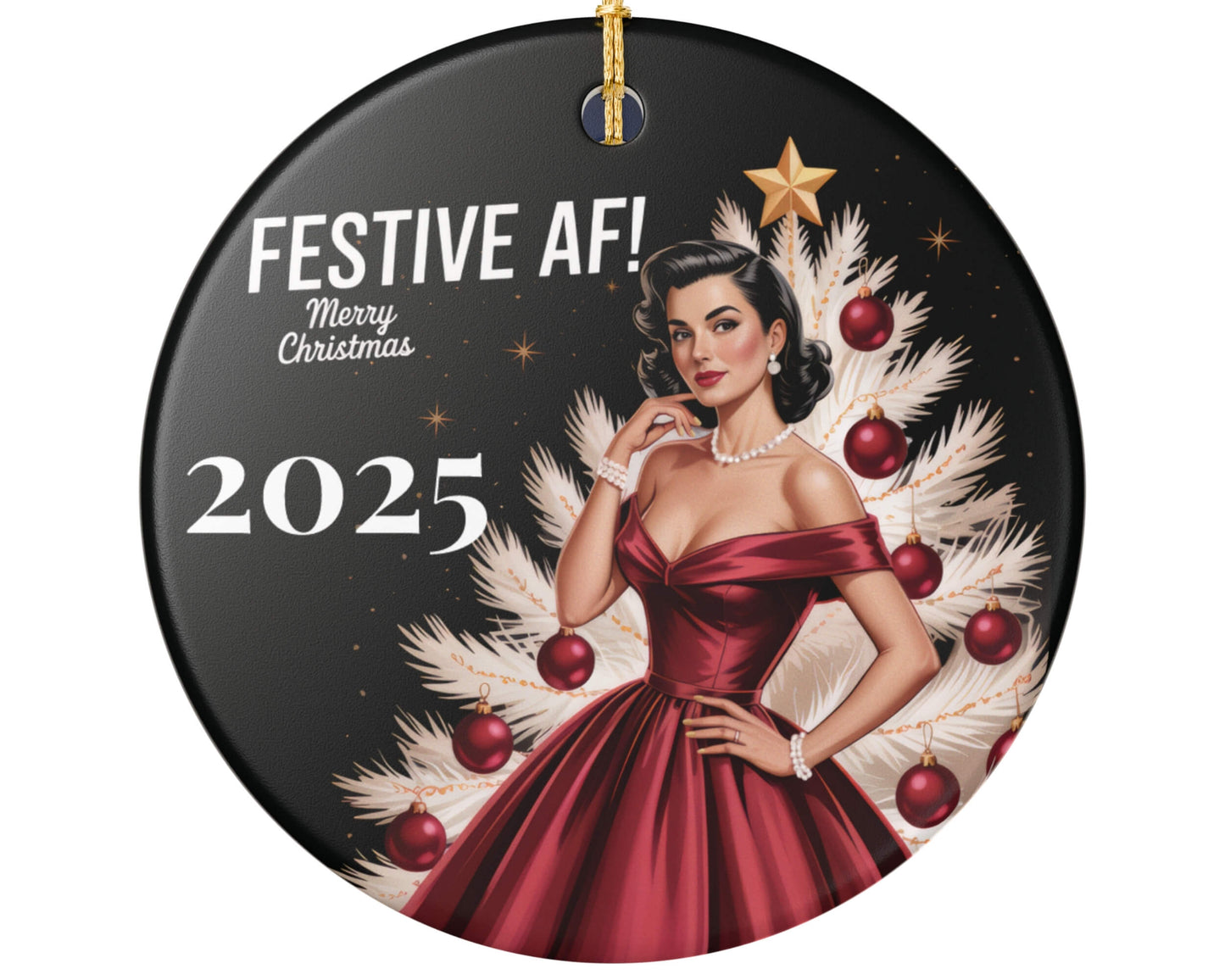Decorative Christmas ornament with a woman in a red dress and festive 2025 text on a black background.