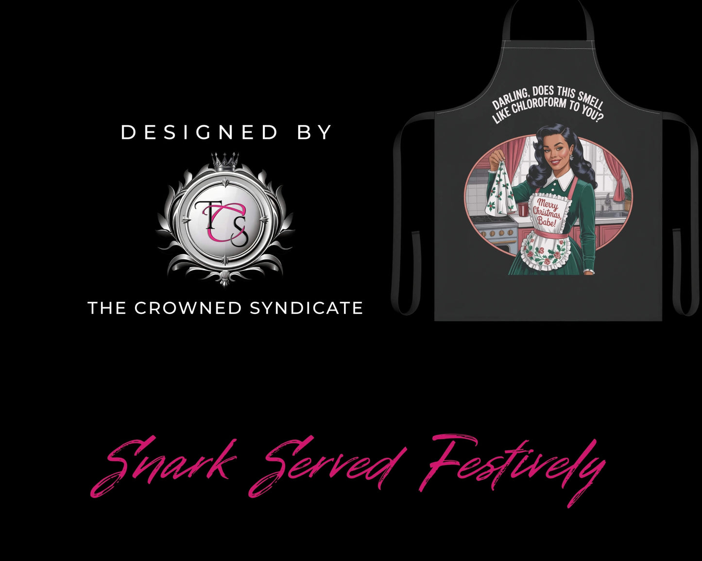 Black funny holiday apron rude gift for true crime fans by The Crowned Syndicate