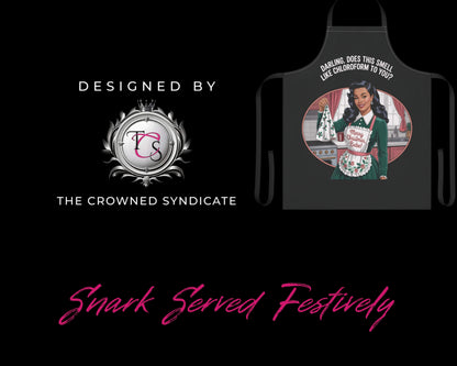 Black funny holiday apron rude gift for true crime fans by The Crowned Syndicate