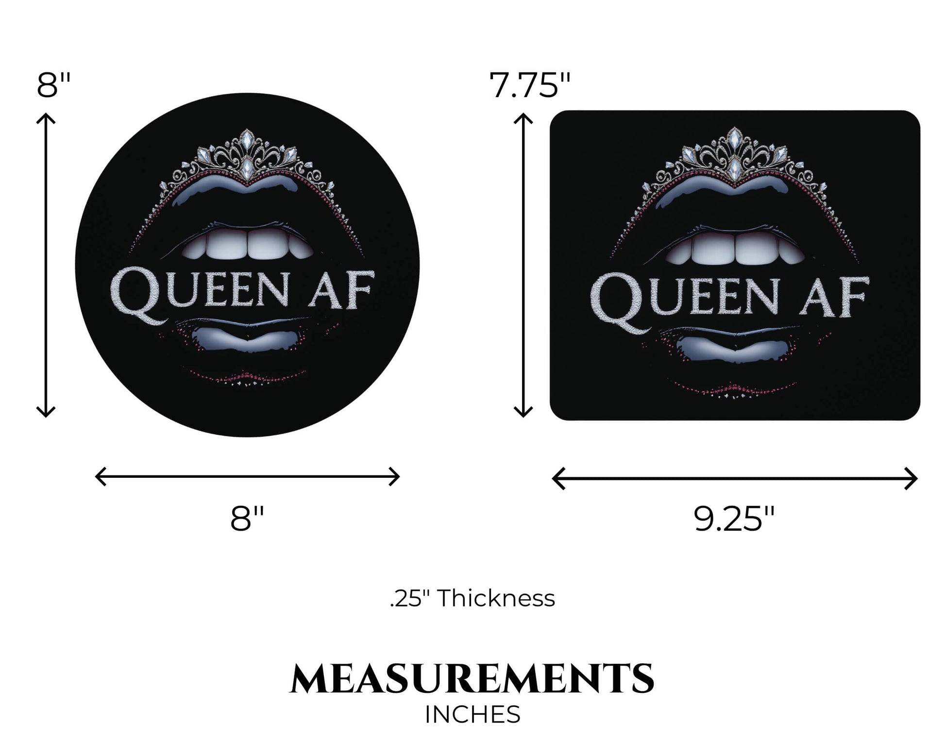 Two 'Queen AF' coasters with measurements indicated